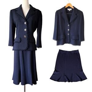 ST. JOHN COLLECTION Navy Santana Knit Scalloped Trim Skirt Suit Set 10 12